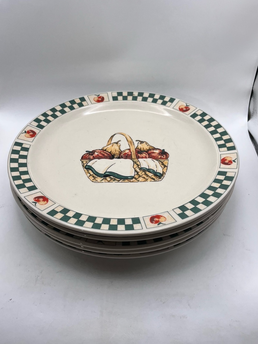 Gibson Cream Dinner Plate with Green Check Rim and Fruit Basket